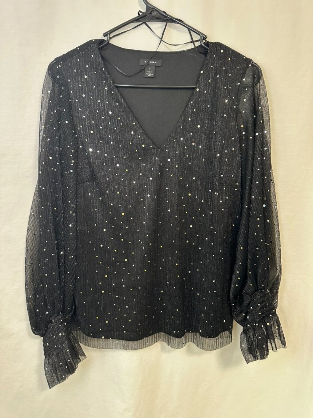 NWT Halogen Black Silver Metallic Dots Sheer Blouse Size S